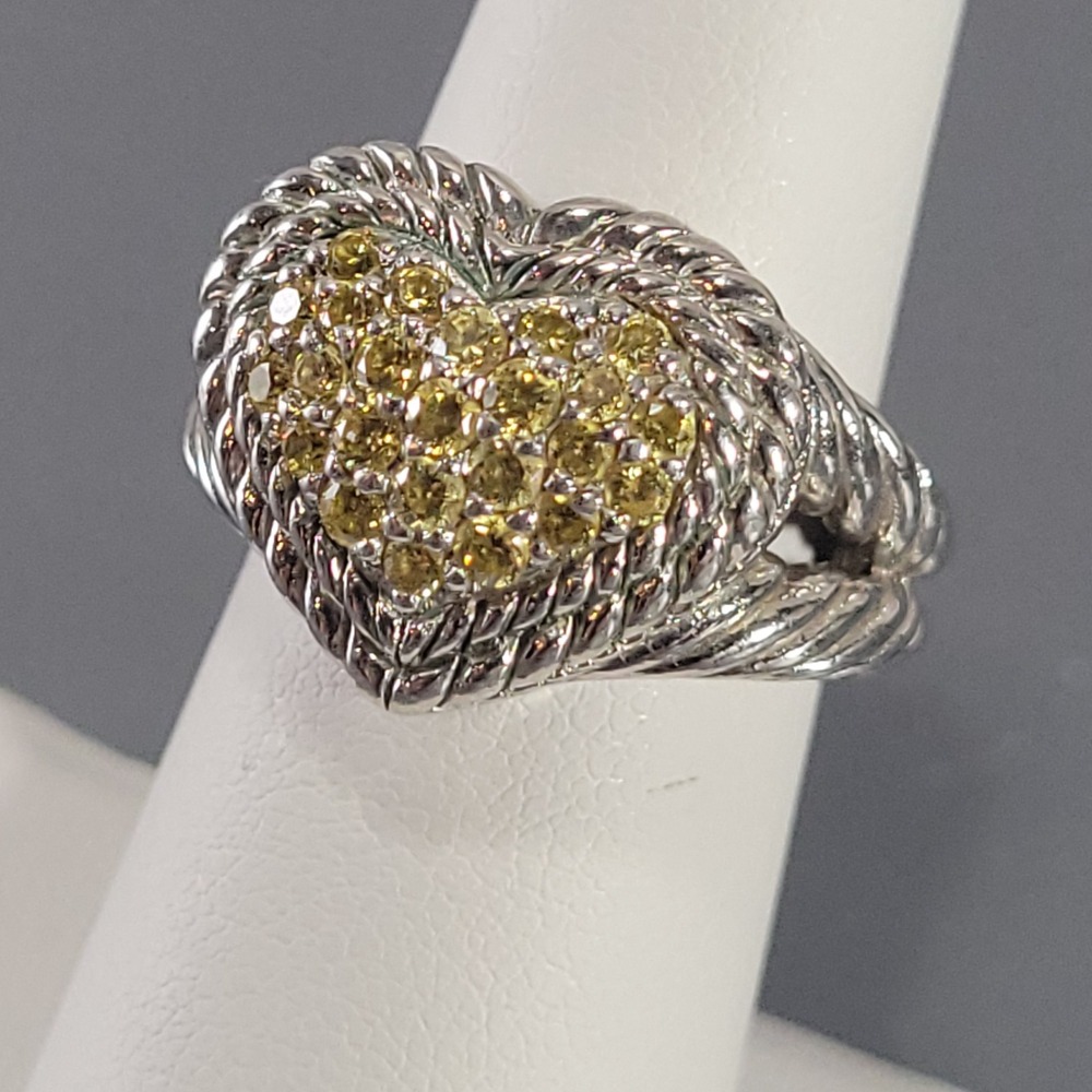 Judith Ripka Sterling Silver Heart Ring Size 6 Peridot Yellow-Green Pave Stones